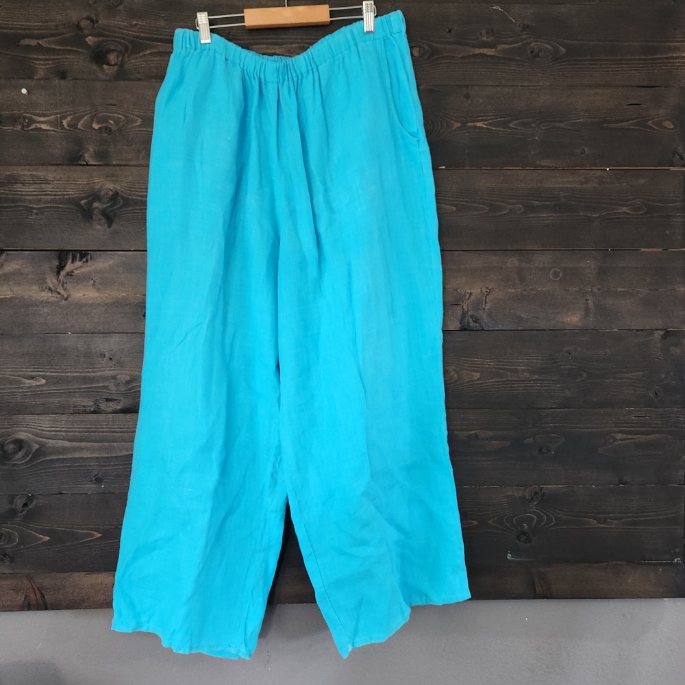 FLAX Women Turquoise Blue 100% Linen Wide Leg Elastic Waist Pants Size L Cropped